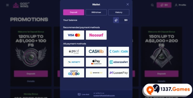 Deposit at God of Wins Casino