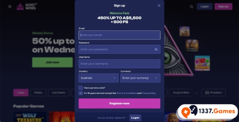 Register at God of Wins Casino