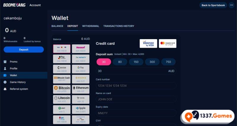 Boomerangbet.io bookmaker deposit