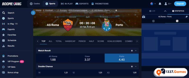 Boomerangbet.io bookmaker place a bet