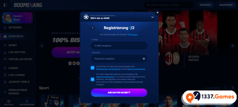 BoomerangBet Registrierung ohne OASIS