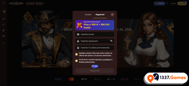 Registrati su bingo casino non AAMS VinciSpin
