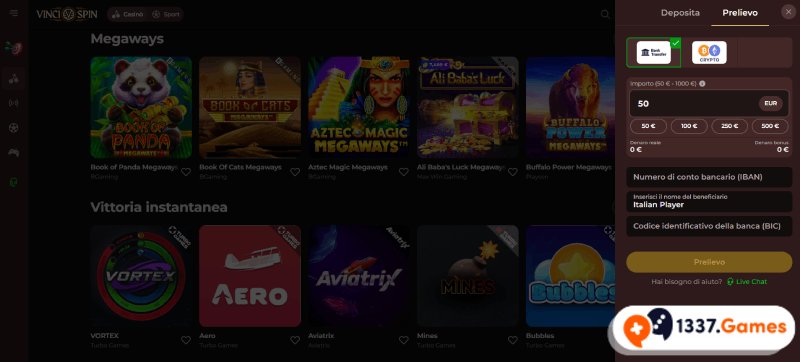 prelivo nel bingo casinò non AAMS VinciSpin