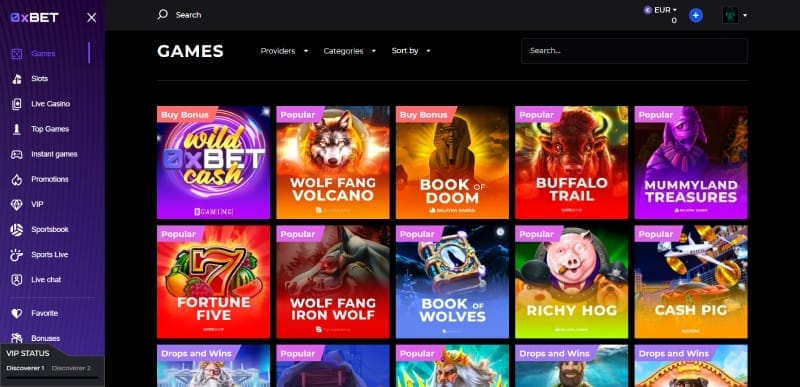 Casinospellen bij 0xbet