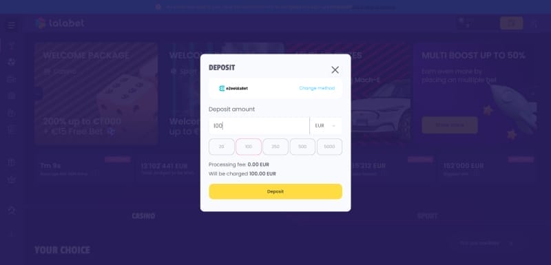 Storten met eZeeWallet bij Lala.bet