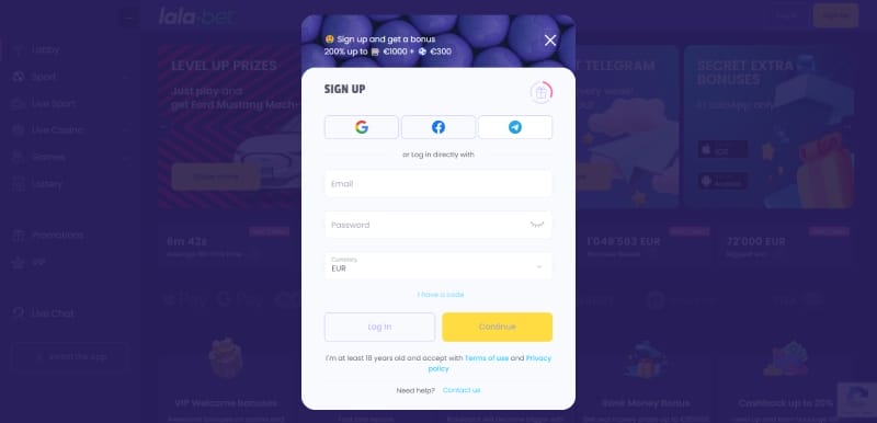 Registreren bij Lala.bet