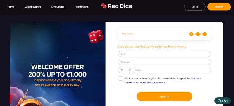 Registreren bij Red Dice Casino
