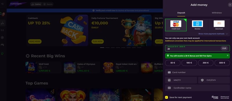 Storten bij Zumospin Casino