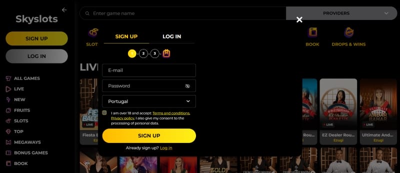 Registreren bij Skyslots Casino