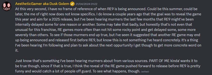 Dusk Golem RE9 Rumour