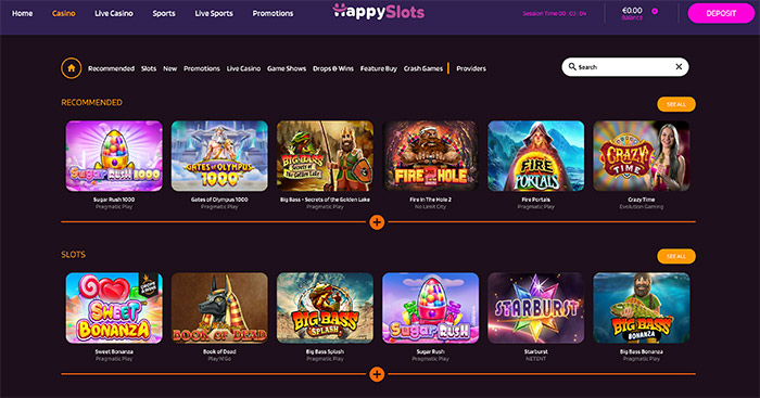 Happy Slots Casino spelletjes selectie pagina