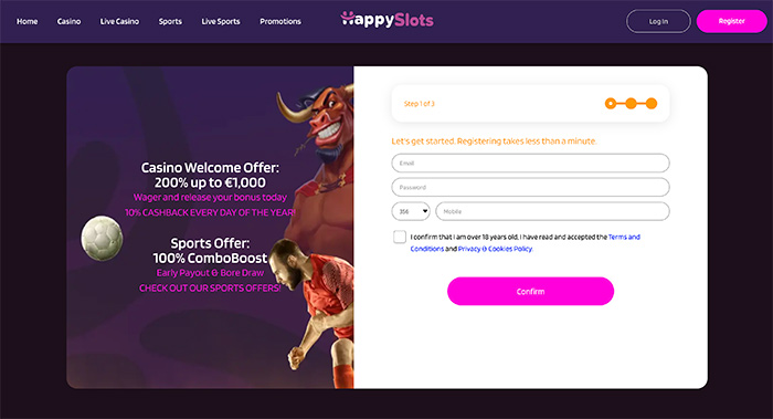 Happy Slots Casino inschrijfpagina