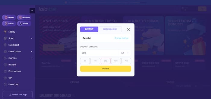 lalabet online casino betalingsbedrag