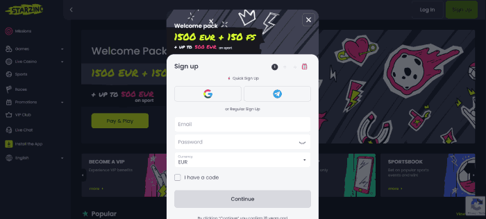 Registratie bij Starzino Online Casino