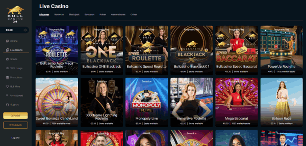 Geniet van live casino spellen op Bull Casino