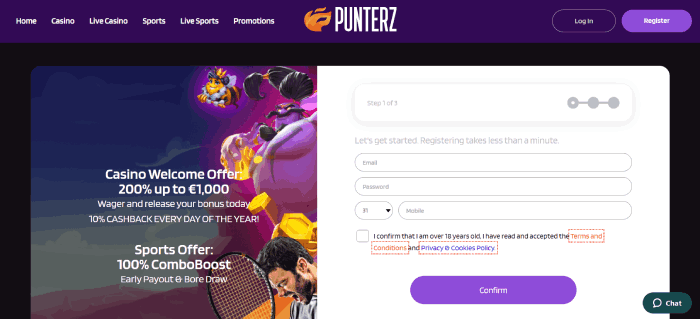 Registratie bij Punterz Online Casino