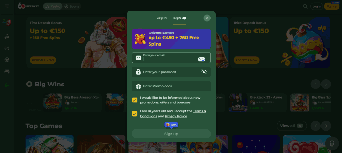 Registratie bij Android casino BetSixty