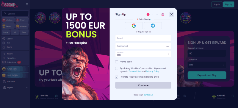 Registratie bij Booms.bet Online Casino