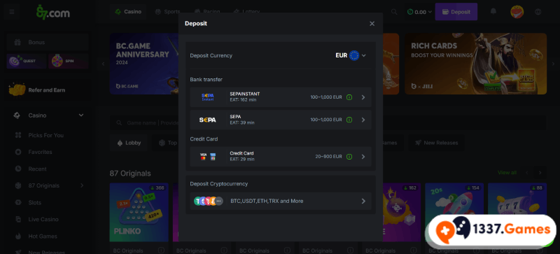 BC.Game betaalmethoden met bitcoin