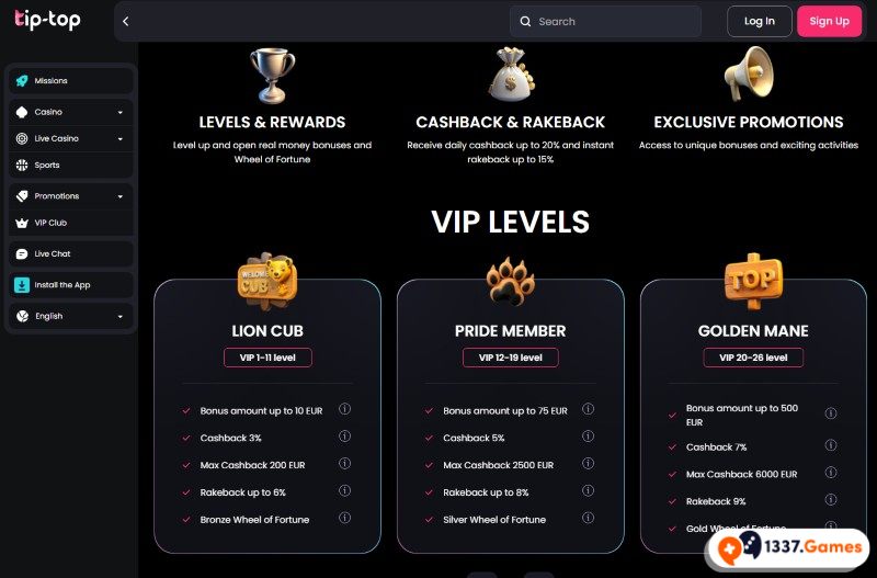 Tip Top online casino NL VIP program